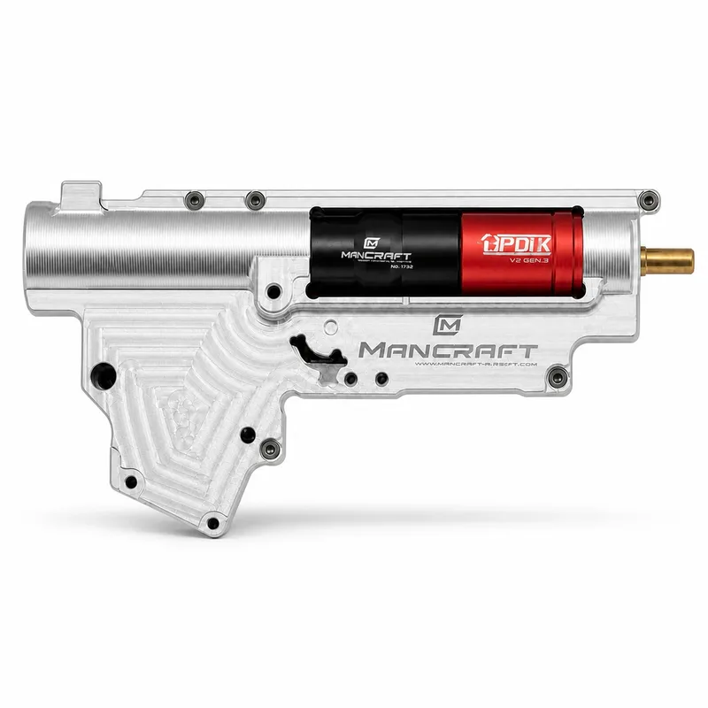Mancraft PDiK V2 Gen.3 avec gearbox V2 CNC argentée et face gravée, vue horizontale